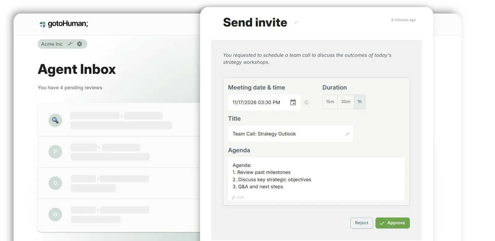 gotoHuman Agent Inbox next to a Send invite review form with meeting details and Approve and Reject buttons
