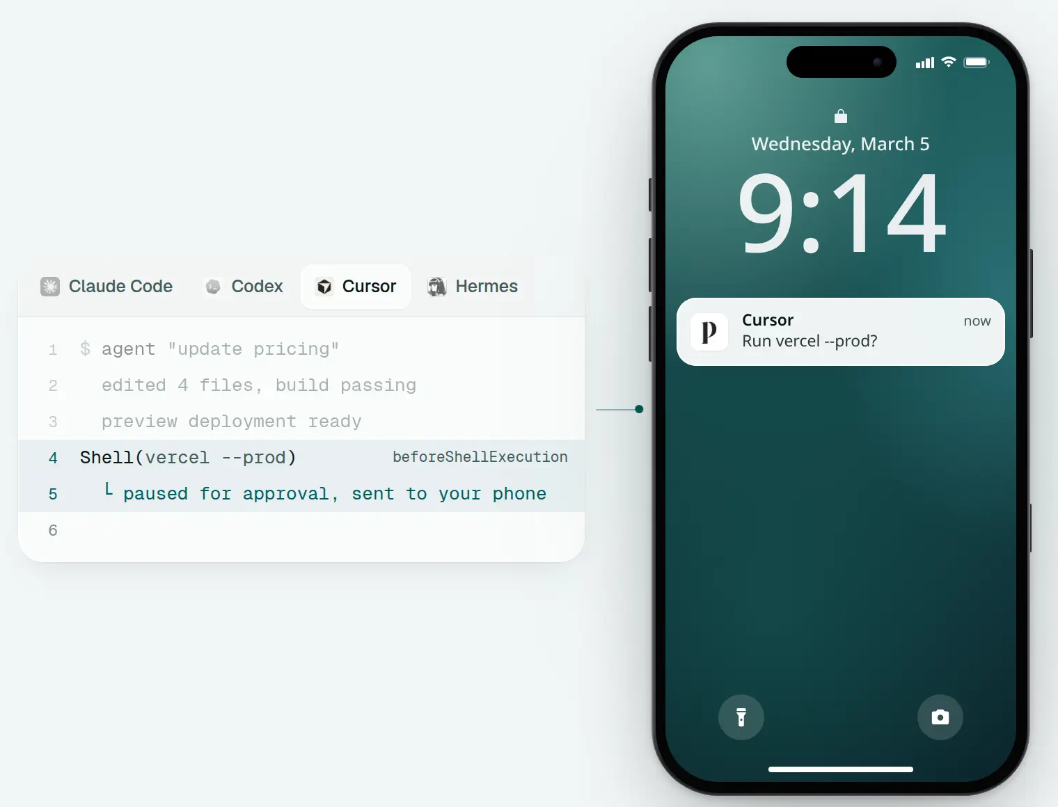 Pushary demo: a coding agent paused for approval in a terminal, with the question shown as a notification on an iPhone lock screen