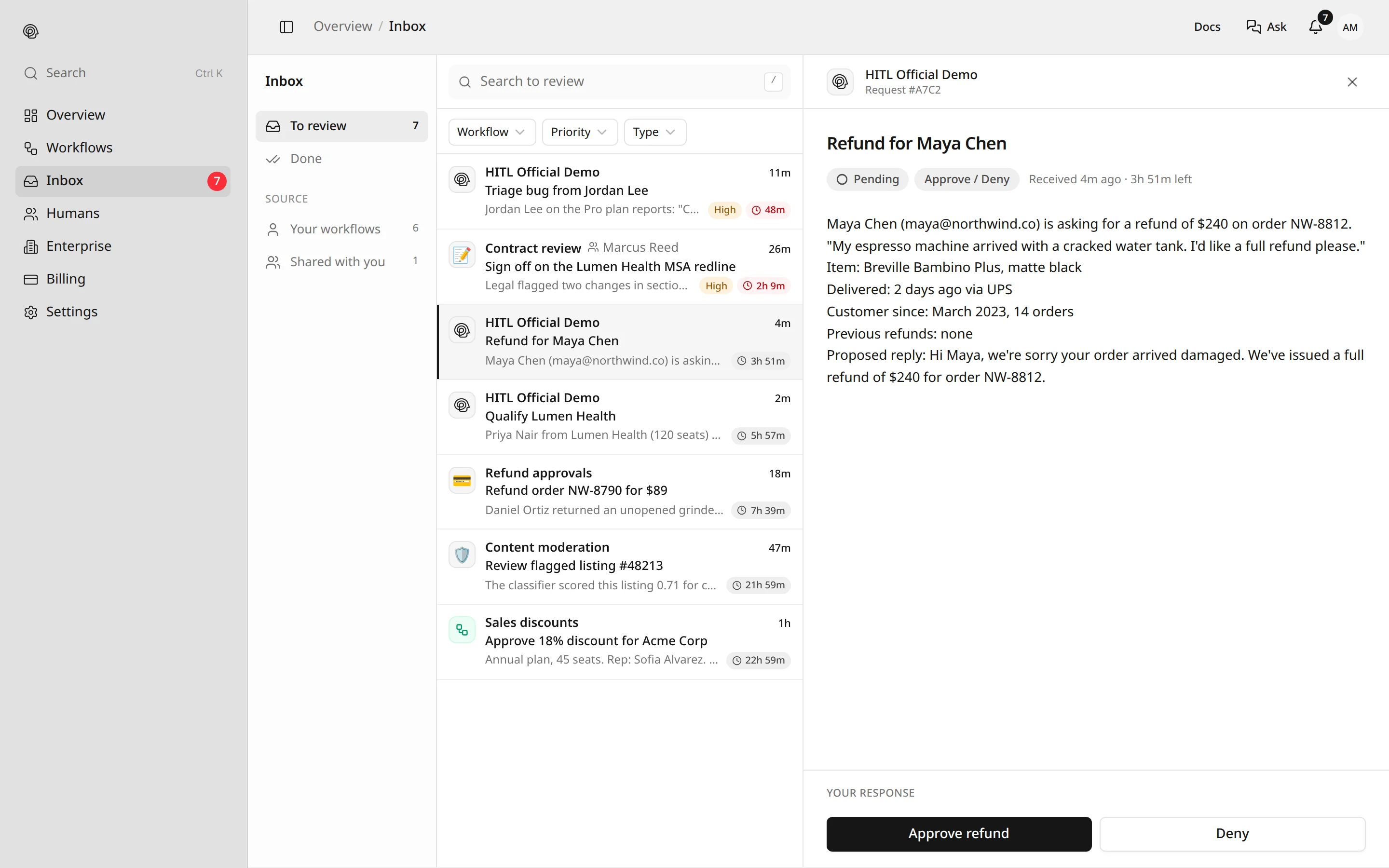 HITL web inbox with a refund request open, showing the customer's message and Approve refund and Deny buttons